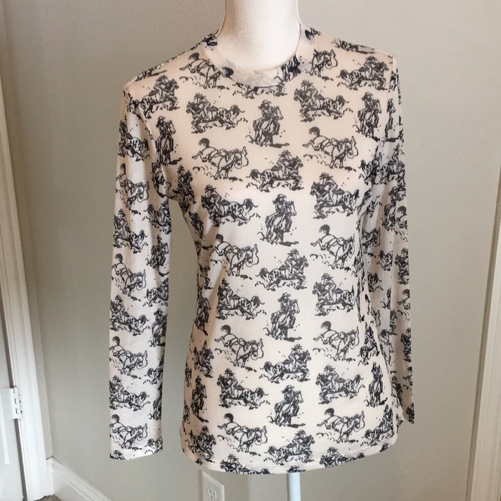 Women’s Long Sleeve Mesh Crewneck Pullover Top in Western Cowboy Motif, Sz M